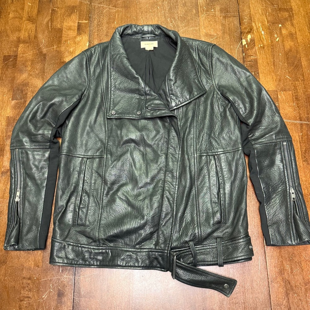 Helmut Lang Lamb Leather Jacket Women S Black Asymmetrical Belted Moto Zippers